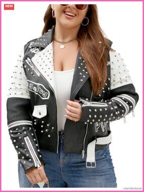 Plus Size Faux Leather Moto Jacket Zip Up Studded Biker Coat